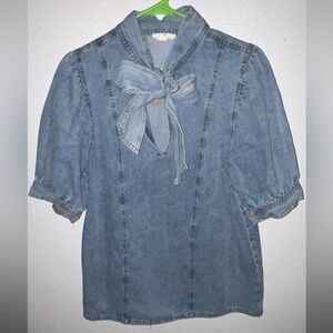 Denim Blue Women's Top with Bow Detail